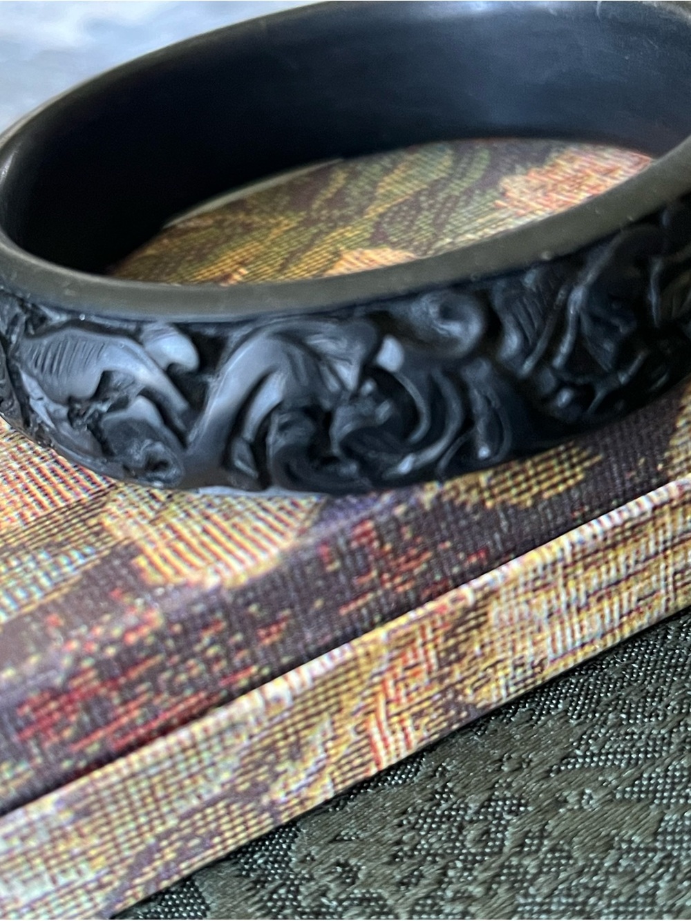 Vintage Black Carved Cinnabar Style Bangle Bracelet Dark Boho 40s Floral